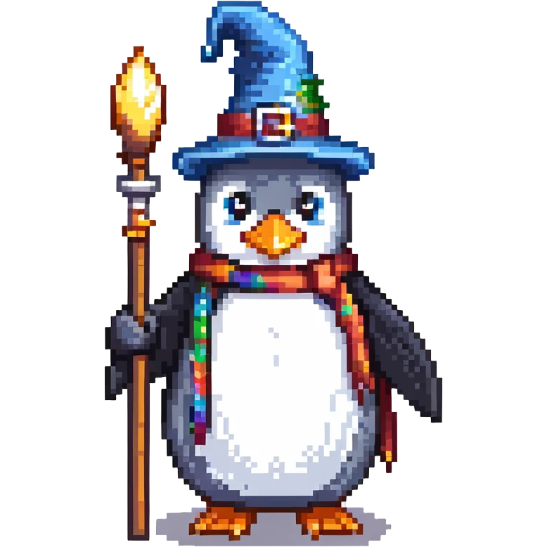 penguin wizard with a staff and wizard hat emoji