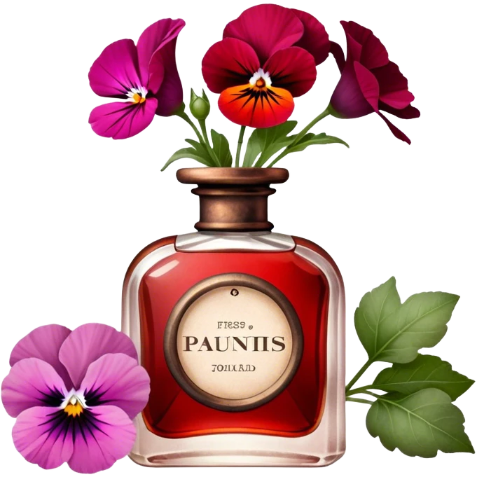 "A rustic red perfume bottle with an aged patina sits beside delicate quartz pink pansies. Soft natural light enhances the vintage charm, creating a warm, romantic ambiance." emoji