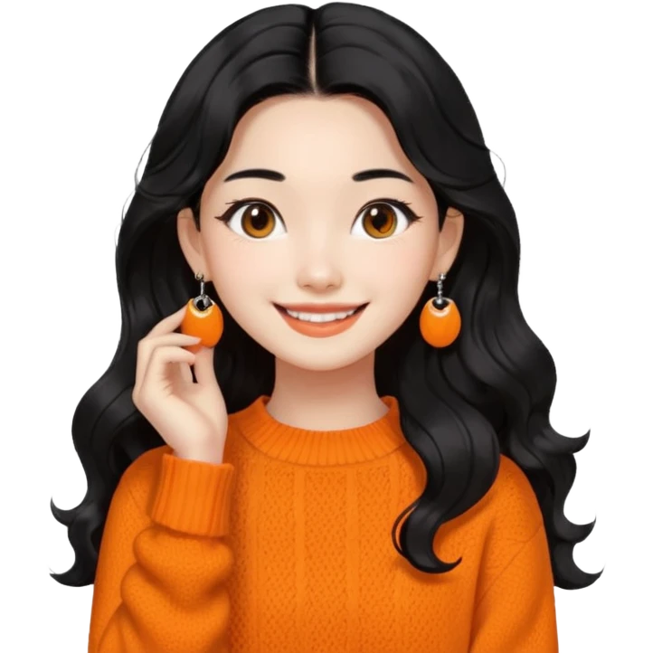 Korean 24-year-old female online shopping mall seller / Orange knit / White face / Earrings / Smiling expression / Long wavy hair / Influencer vibe / Fashionable / Black hair emoji
