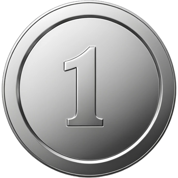 Emoji icon of a metal coin with engraved number 1, minimalist style, isolated, only metal color emoji