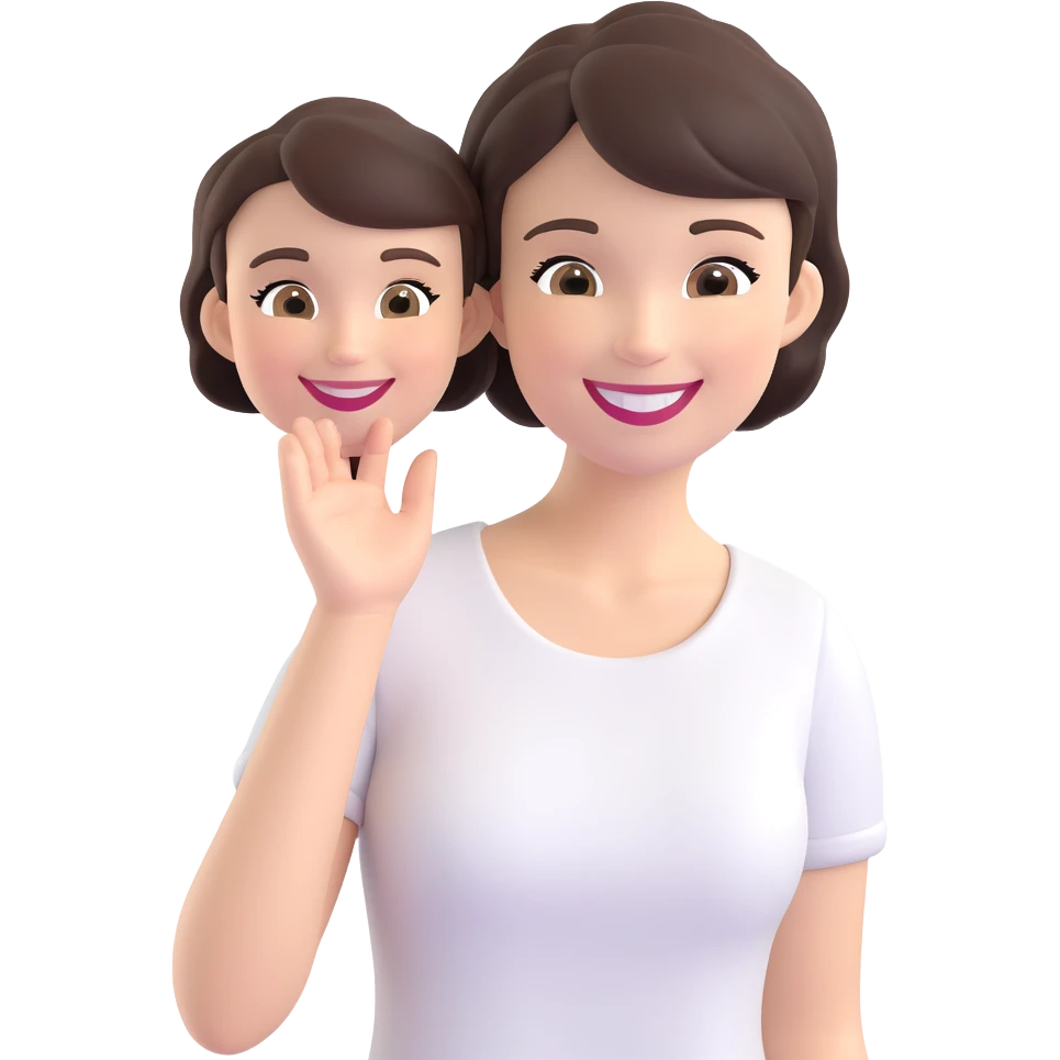 memoji-style lady with short dark brown hair, big smile emoji
