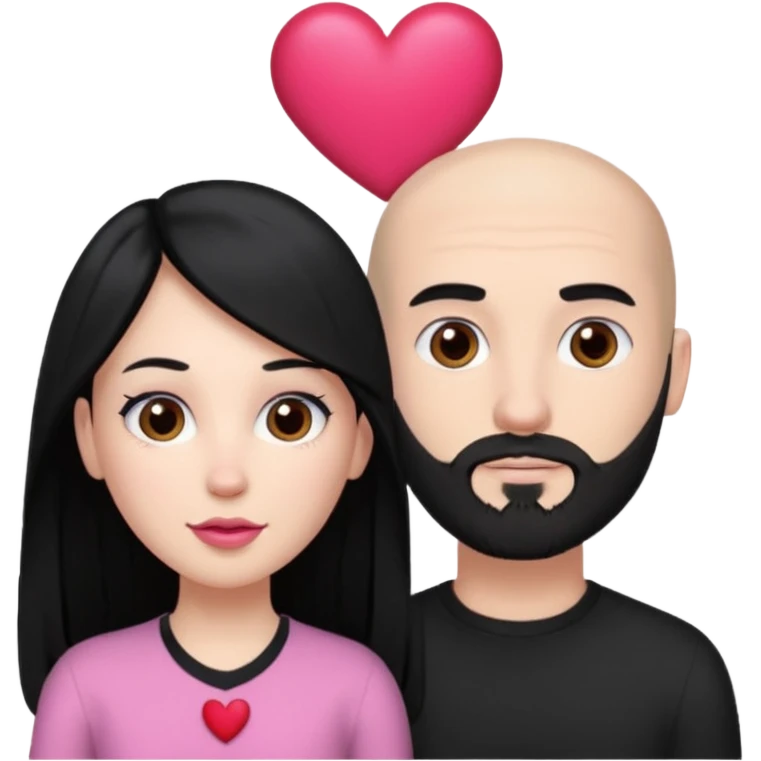 👩🏻‍❤️‍💋‍👨🏻 this one but the man should be bald. white woman with long black hair and white bald young man whoitiut hair and a heart between their heads. she has pink lips and both have brown eyes. he has e full beard but short. both wear black  emoji