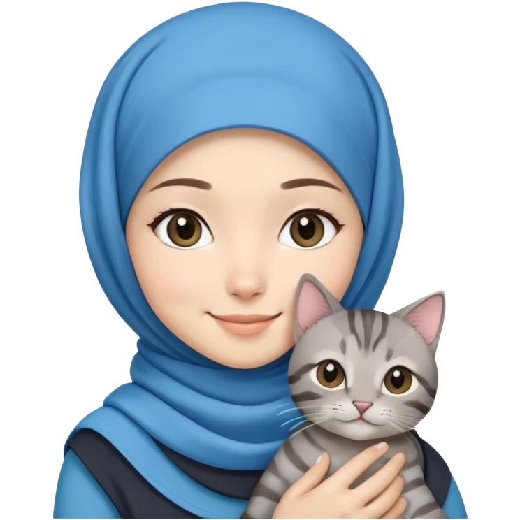 Asian white girl wearing cute blue hijab holding a black grey tabby cat while smiling emoji