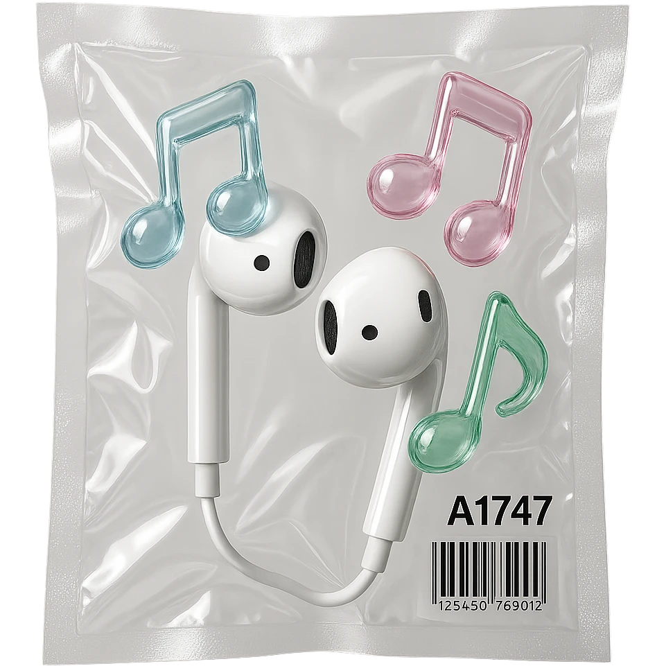 pair of white EarPods with three floating glass music notes in pastel blue, pink, and mint, glossy and inflated emoji