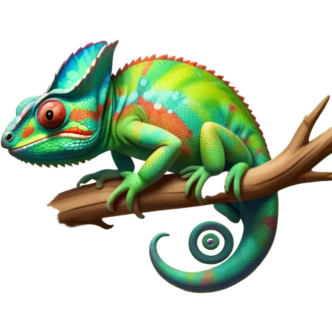 Giant Chameleon blending into natural surroundings, perched on a branch. Its vibrant colors shift with the environment. Lush greenery, branches, and soft sunlight create a peaceful, nature-filled background. Transparent background, showcasing the chameleon's colorful, textured skin. emoji