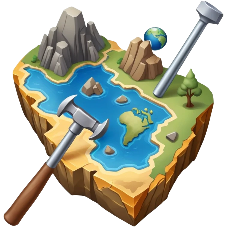 An icon featuring a rock hammer, a geological map, and layers of Earth’s crust, symbolizing geology. The design includes mineral samples, fossils, and tectonic plates, representing the study of Earth’s structure and natural processes. Transparent background highlights geological exploration emoji