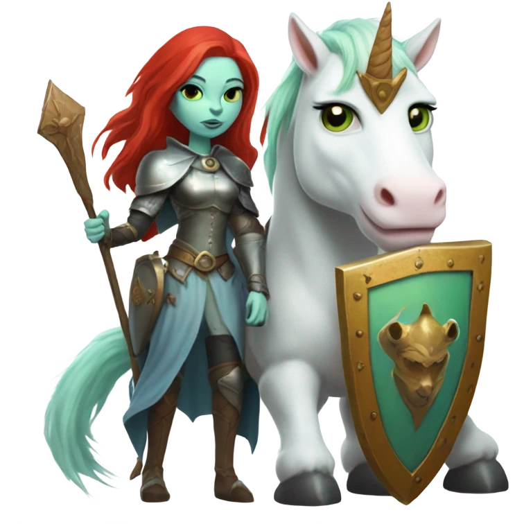 medieval shield: ([politically incorrect, (
	{ female, alien, witch, color: light green, hair:red, eyes:cat} ]
	on a 
	[{ unicorn: white, legged:four, mane: light blue }])) emoji