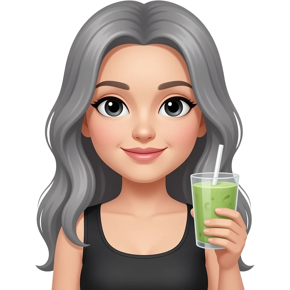 lady with black eyes and grey really long hair holding an iced matcha emoji