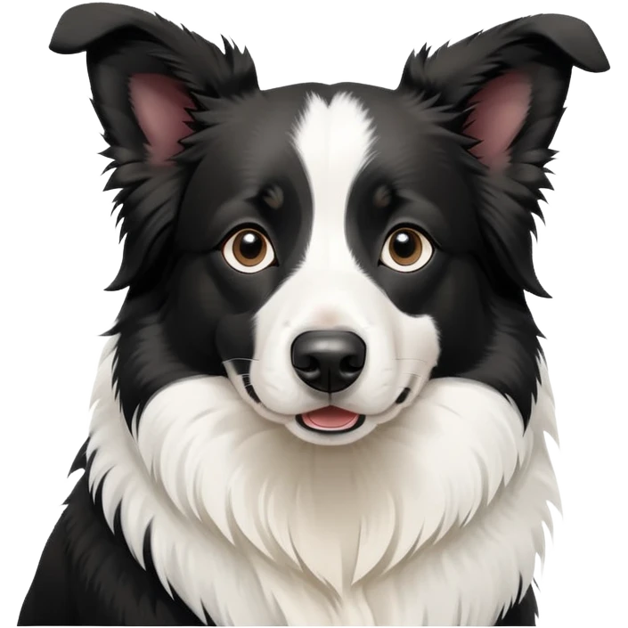 Sitting Border Collie dog with ONLY ONE single black ear, the rest of the dog including the other ear is completely white, extreme contrast between the one black ear and white body emoji