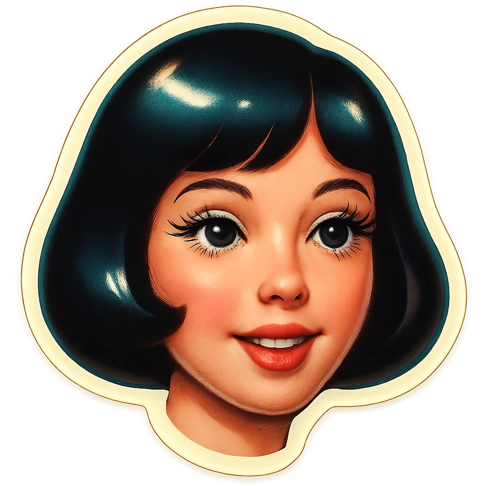 girl with pale skin, black bob haircut, light makeup, big eyes with long lashes, slightly open lips, light smile, Telegram sticker style, head only without neck, white background emoji