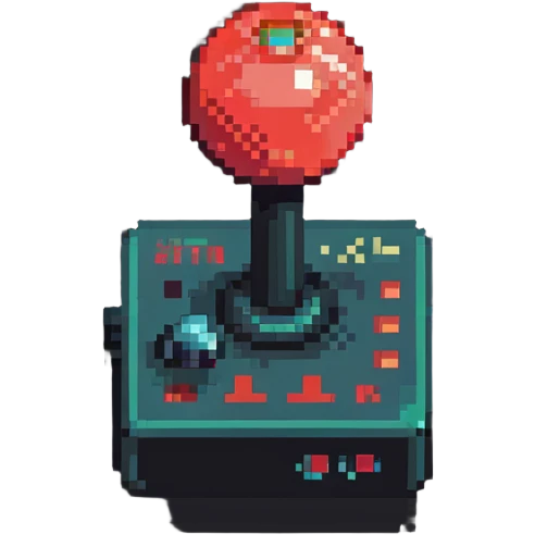 A classic arcade joystick with red ball top and buttons in pixel art style emoji