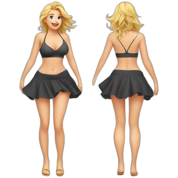 full body back view curvy caucasian-beauty-in small skirt lifted by the wind bikini emoji