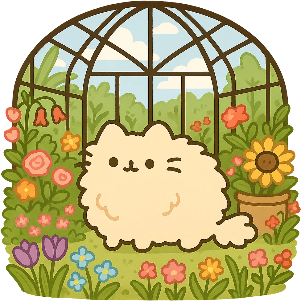 pusheen-style fluffy blonde kitten in a botanical garden greenhouse filled with flowers emoji
