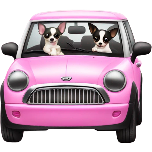Black and white Chihuahua driving pink mini cooper emoji