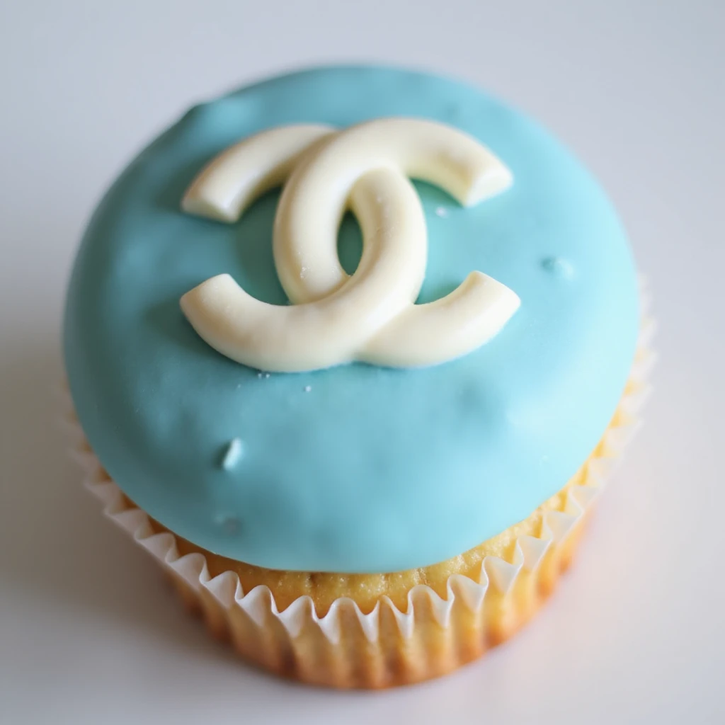 photorealistic pastel blue Chanel cupcake with a white chocolate Chanel logo, elegant emoji