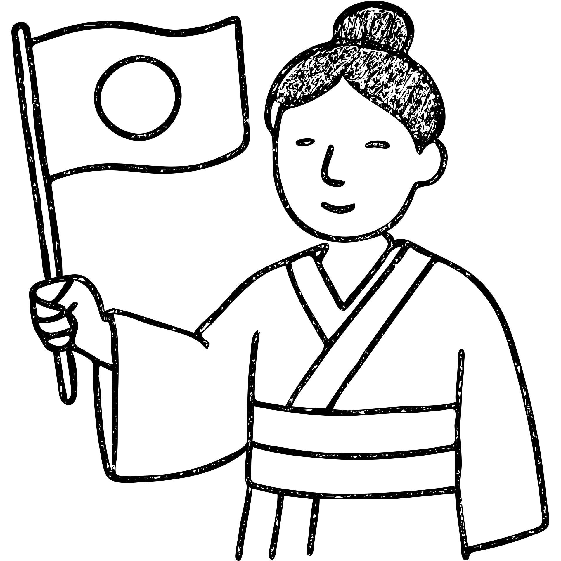 person in a traditional kimono holding the Japanese flag, hand drawn outlined icon emoji