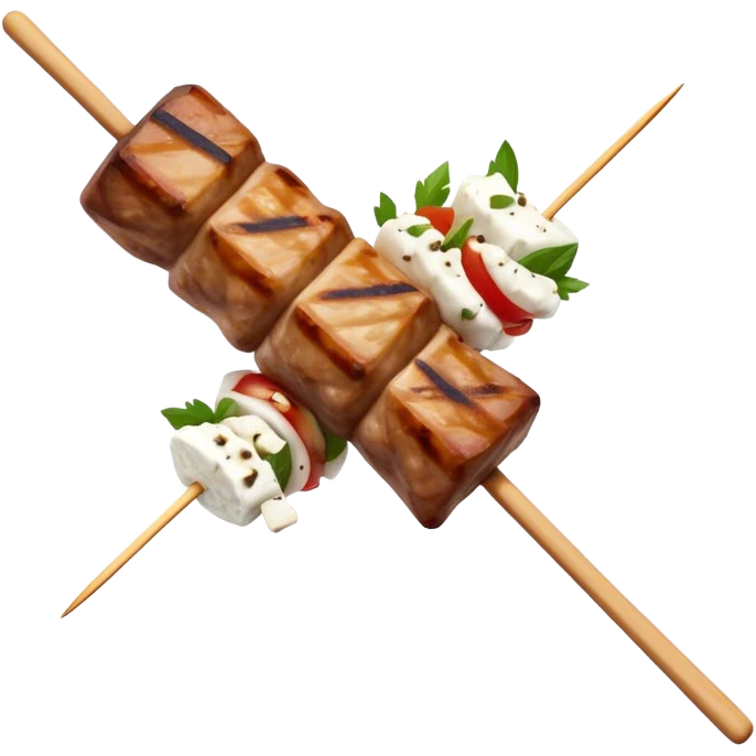 Souvlaki Cinematic Realistic Souvlaki Dish Emoji, depicted as skewered, grilled meat served with a side of crumbled feta cheese, rendered with rich textures and dynamic, appetizing lighting. emoji