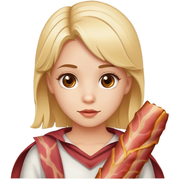 A blond girl with brown eyes wearing a bacon costume  emoji