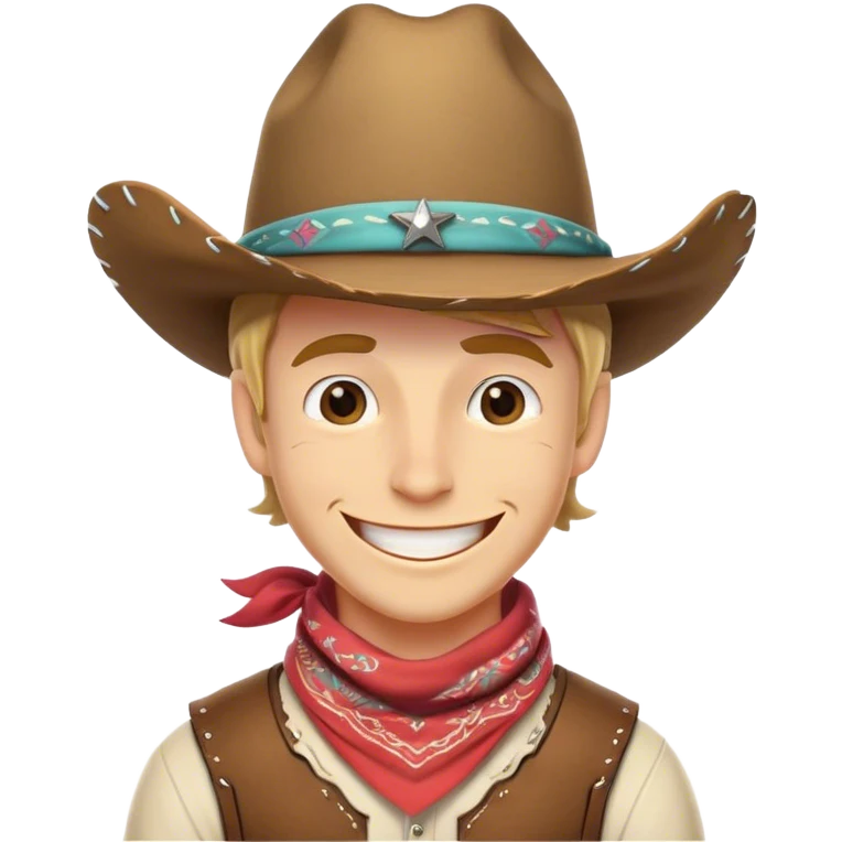 Clash of Clans aesthetic Playful Cowboy Portrait Emoji, Head tilted with a roguish, cheeky grin and twinkling eyes, featuring a compact, charming build with a jaunty hat and a friendly bandana, his natural skin tone adding authenticity, Simplified yet irresistibly charming features, highly detailed, glowing with a warm, inviting western glow, high shine, spirited and lively, stylized with an air of whimsical frontier mischief, soft glowing outline, capturing the essence of a playful cowboy exuding friendly rogue charm! emoji