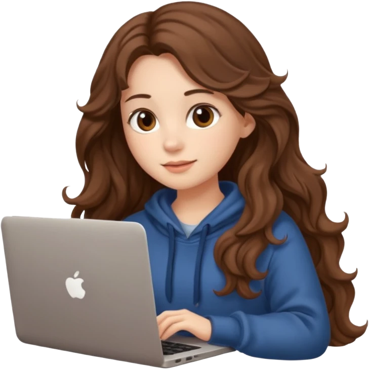 make a picture in ios 18 style of a girl with brown long wavy hair wearing cozy clothes and working on a laptop emoji