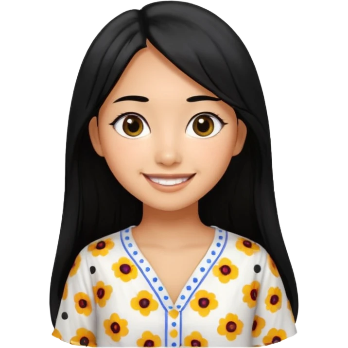 20 yr old asian woman hair white blouse with black dots center part big eyes big smile tanned skin straight black hair hippie part hair  emoji