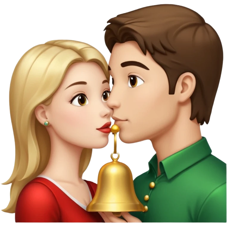 a handsome man and a pretty woman kiss Christmas bell emoji