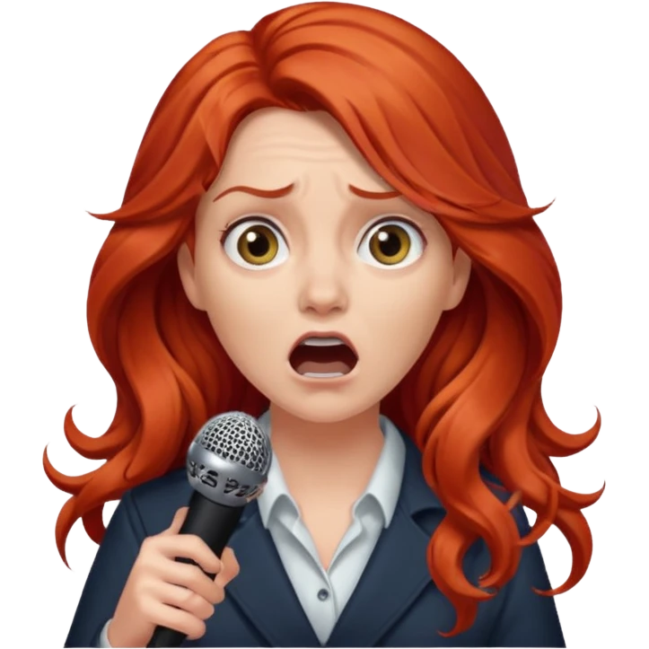 Intense fear of public speaking, white woman, long curly red hair, make hair more wavy and less puffy, and she should be holding one microphone emoji
