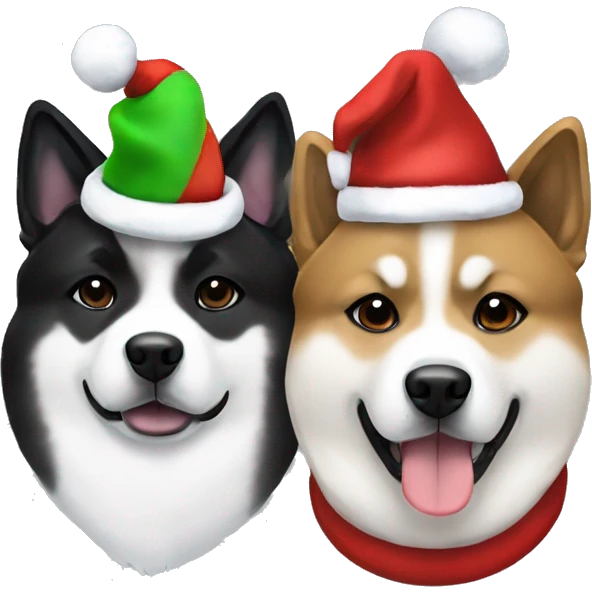 Two American Akita dogs one black and white and one just black wearing Christmas hats emoji