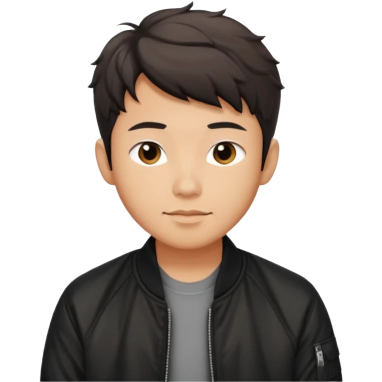 Handsome Asian guy wavy short hair, dressed cool in black bomber jacket, demure but with a smirk  emoji