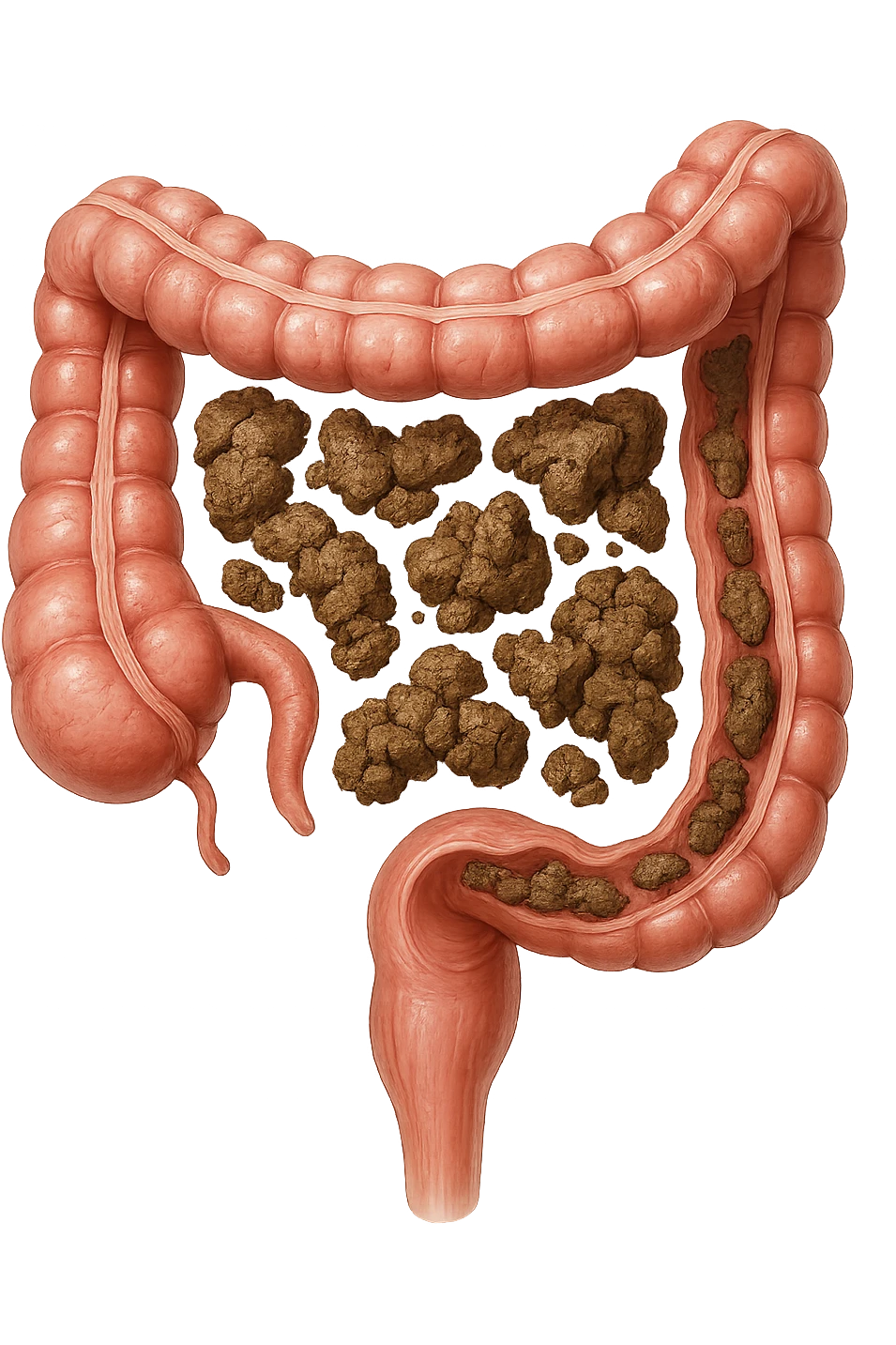 intestino umano anatomico realistico con feci spezzettate iperrealistiche sotto emoji