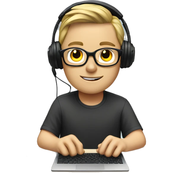 white boy with glasses and gaming headset sitting at desk on desktop computer  emoji