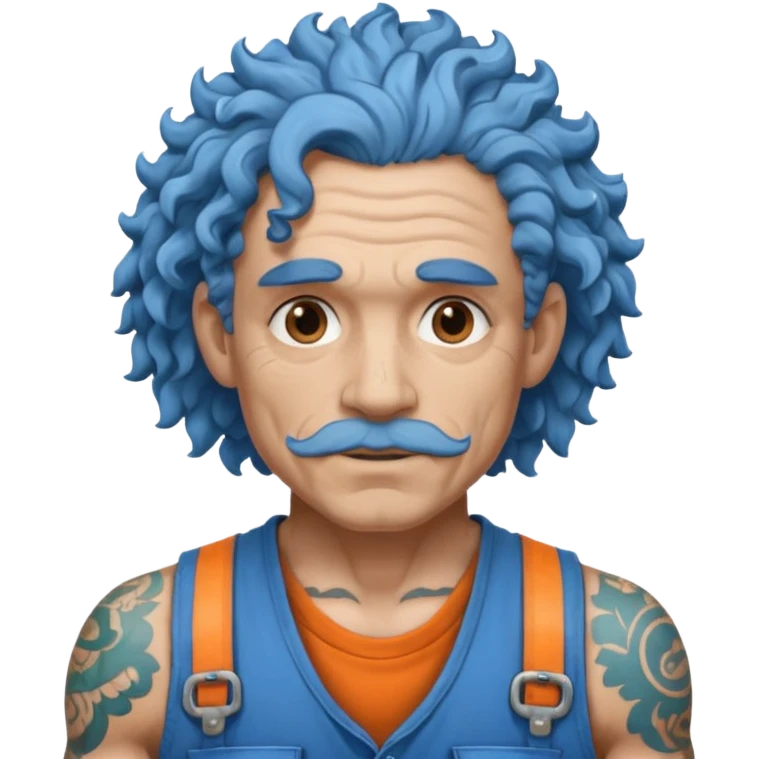 very curly blue haired, construction worker very old, tattoes emoji