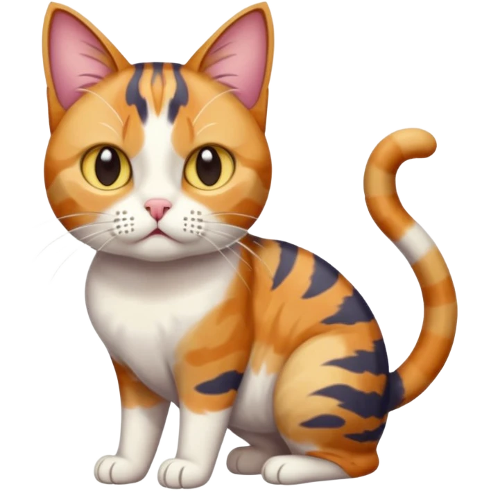 full body colourful calico tabby cat with disproportioned head with an anxious face and white front legs emoji