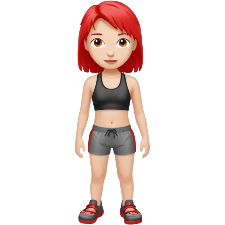 girl with wet hair and black sports bra and grey shorts is wearing red crocs  emoji