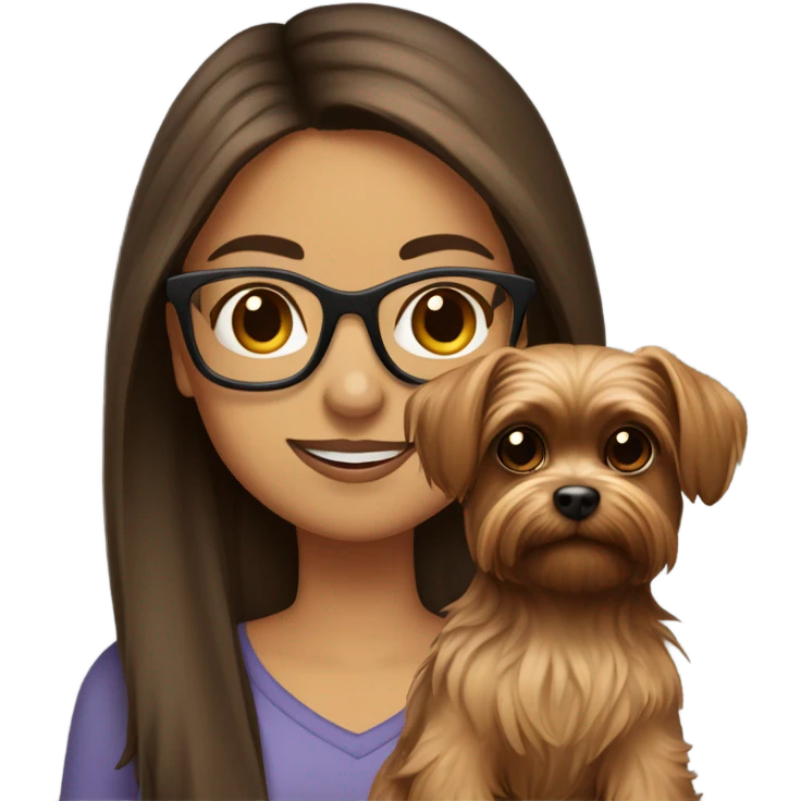 Hispanic, straight long Brown hair, girl with glasses holding tan yorkie dog emoji
