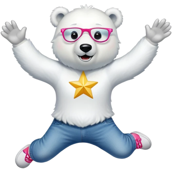 friendly anthropomorphised polar bear mid-jump, arms raised, excited expression, wearing a shirt, jeans, trainers, oversized colorful star glasses emoji