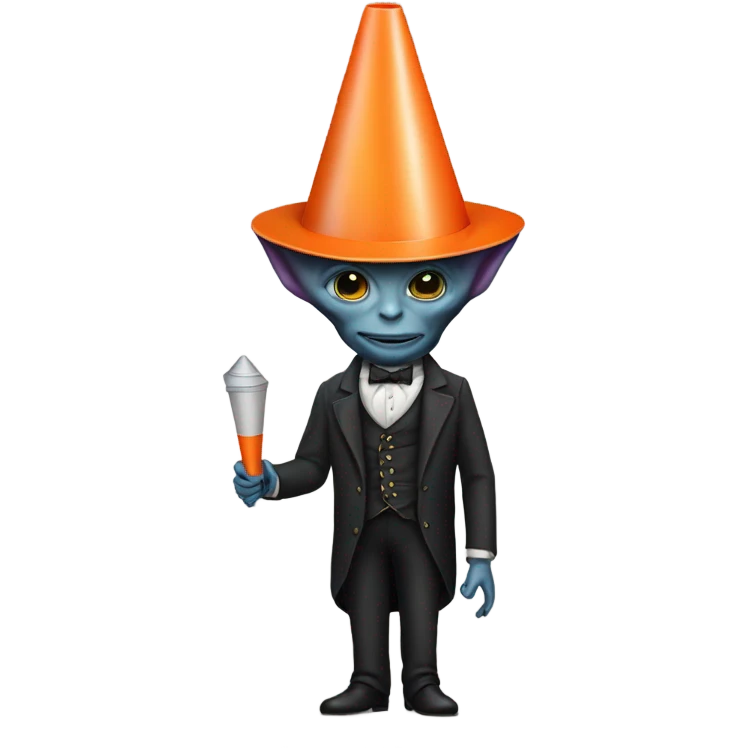 alien galora in Victorian dress elegant, full body, holding big traffic cone emoji