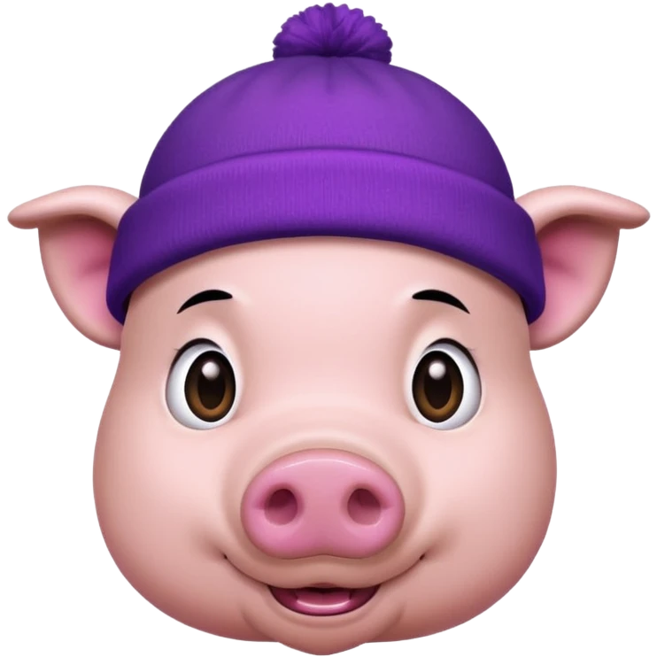 expressive pig wearing a purple beanie, long straight black hair emoji