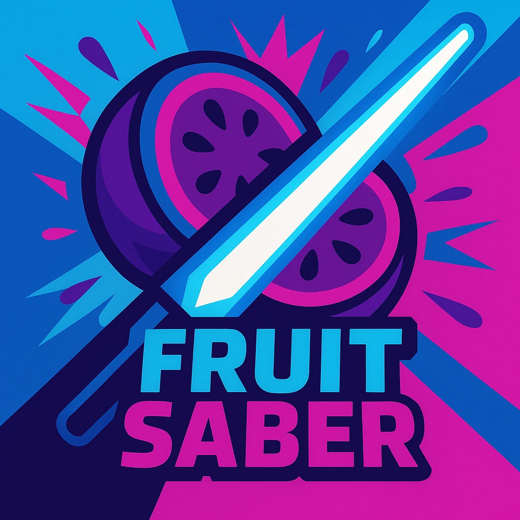 Update the logo for Fruit Saber to use blue and magenta as the theme colors, keeping the vibrant, energetic style. The image should depict a stylized fruit being sliced by a glowing saber with a dynamic composition and a modern gaming aesthetic. emoji