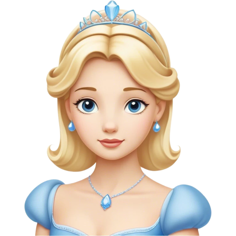 Cinematic Elegant Cinderella Portrait Emoji, rendered in a beautifully detailed, vector-style with minimal shading and bold, simplified shapes. Depict Cinderella in her classic ball gown (chest and above) with fair, porcelain skin and elegantly styled blonde hair, her eyes soft and kind, and her expression serene and graceful. The design glows with a gentle, enchanting radiance and high shine, capturing the timeless beauty of a fairy tale princess. emoji