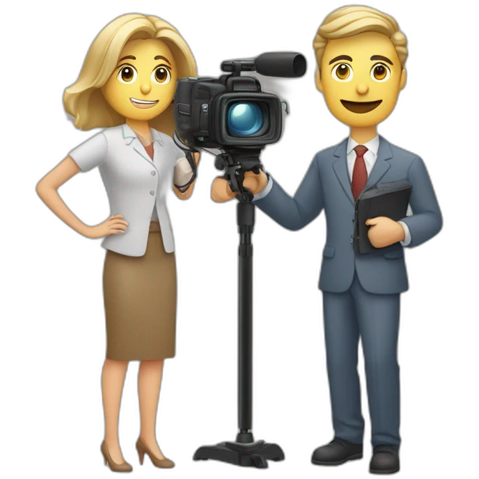 Periodista mujer y hombre con el micrófono frente a una cámara  emoji