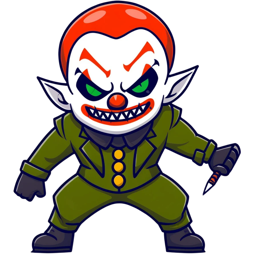 evil clown warrior, bald, short horns on forehead, fangs, pointed ears, black and military green leisure suit, battle-ready fighting posture emoji