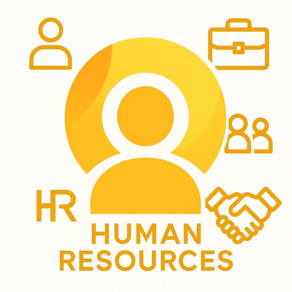 Create a minimalistic, abstract logo design with a dominant orange-yellow color palette. Place the Volio logo from the reference image at the center as the main visual element. Integrate modern, symbolic icons representing Human Resources, such as a person, a group of people, a handshake, or a briefcase, in a clean and balanced layout. The design should be futuristic, tech-style, and high contrast against a white background. Keep the overall composition simple, professional, and visually striking. emoji