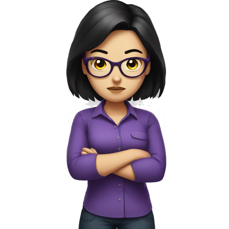 Angry scowling white girl, purple shirt, long black hair, wearing glasses, with arms crossed over chest. emoji
