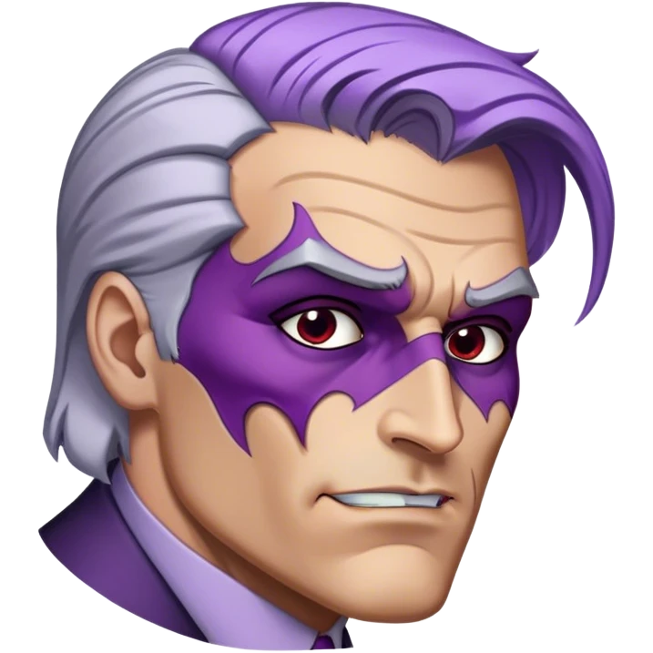 two-face, harvey dent, batman villian, right side of face purple, grey hair emoji