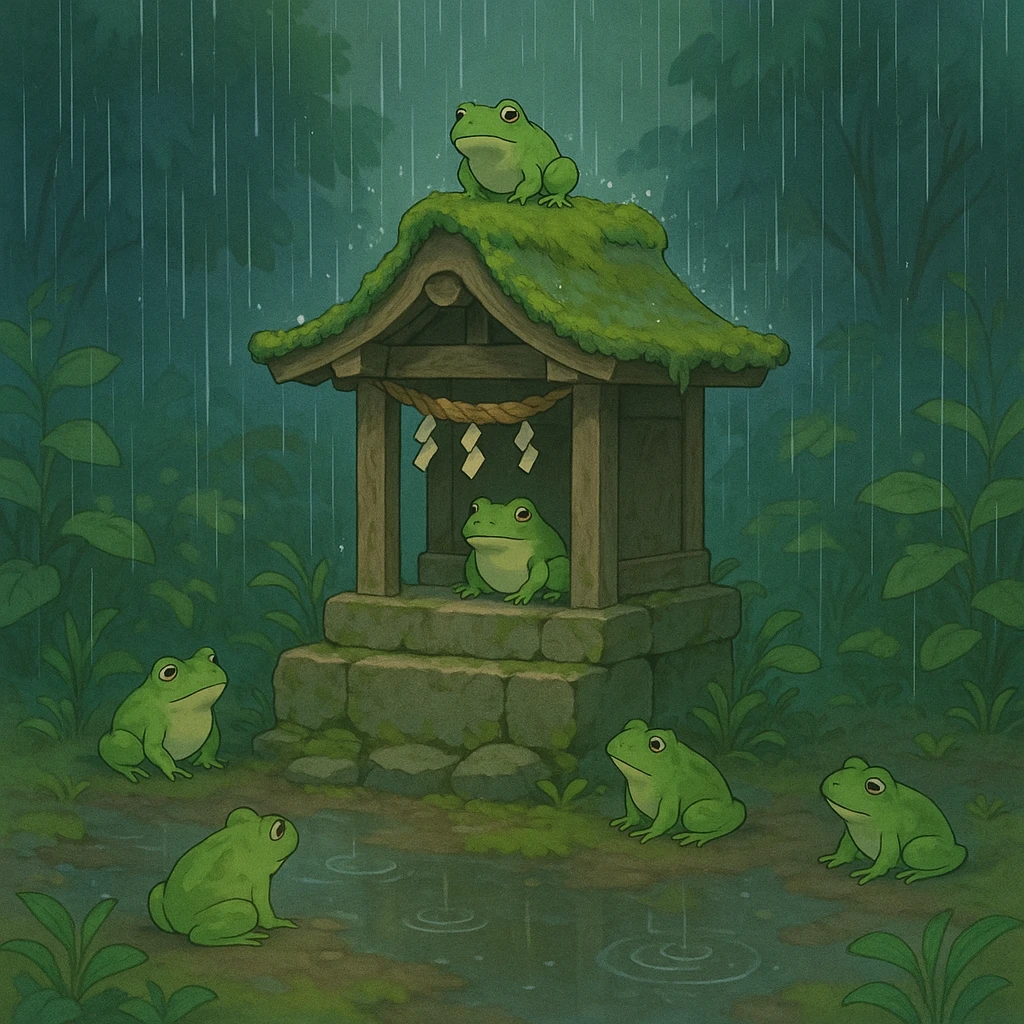 Rain falling gently on a tiny shrine surrounded by frogs. emoji