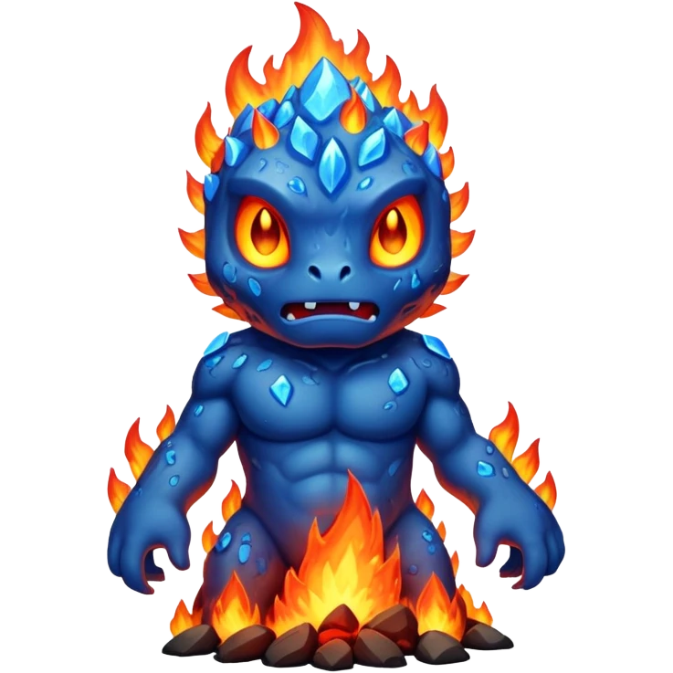 a mystical fast lava creature without arms with molten lava on its head and some rocky shoulders, fire crystals, blue flames, no background emoji