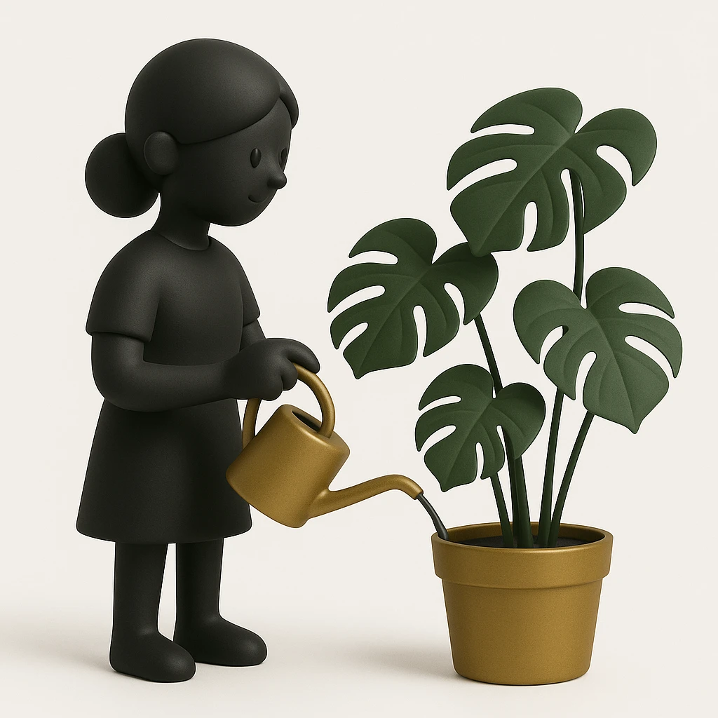 woman watering her monstera plant emoji