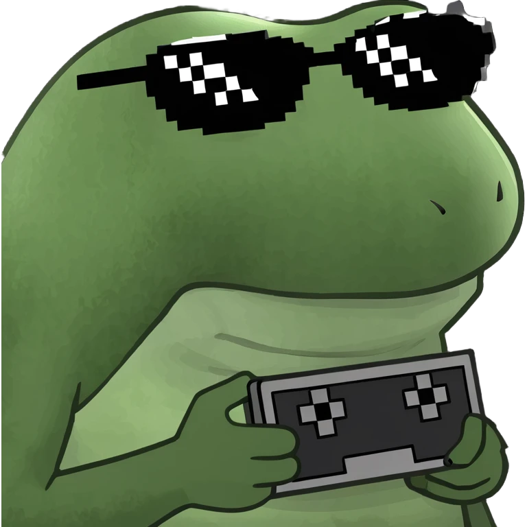 bufo with triangle shaped 8 bit sunglasses full black, confident smile, with a black hole in his hand emoji