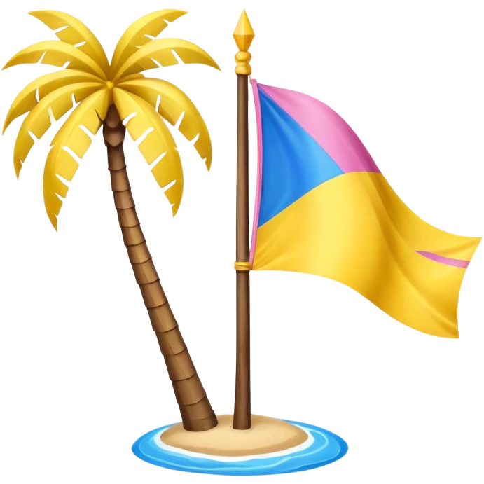 A pink flag on the sides two small blue triangles In the middle a pink palm tree coming out of the sides  yellow circle with two thick yellow stripes emoji